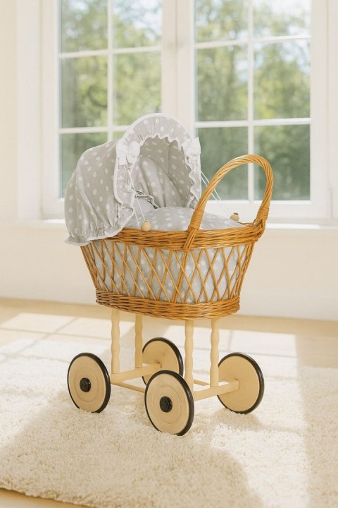 Wiklinowy wózek dla lalek wysoki ażurowy z szarą pościelką i wyściółką VERONICA naturalny