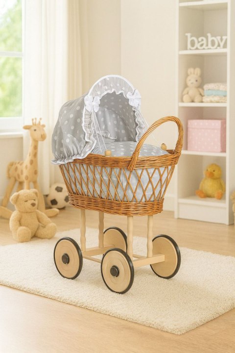 Wiklinowy wózek dla lalek wysoki ażurowy z szarą pościelką i wyściółką VERONICA naturalny
