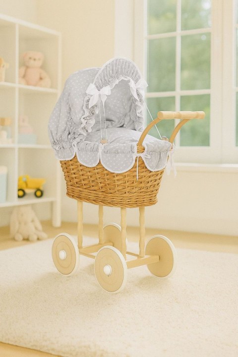 Wiklinowy wózek dla lalek wysoki z szarą pościelką i wyściółką NATALIA naturalny
