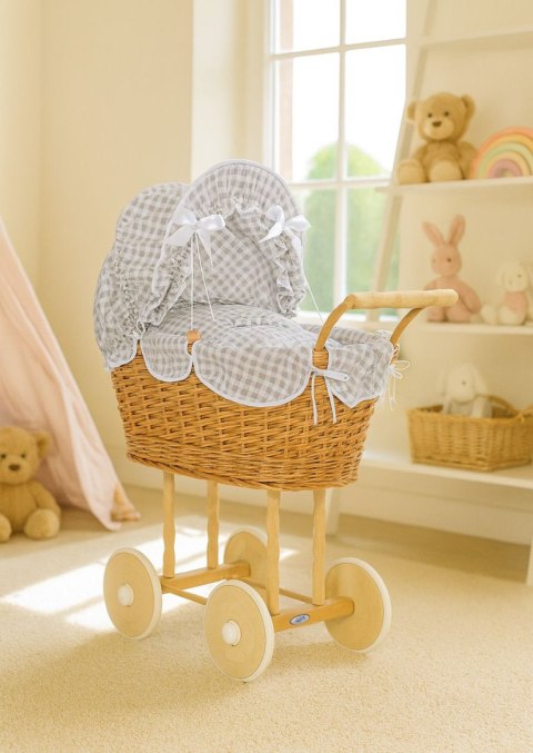 Wiklinowy wózek dla lalek wysoki z szarą pościelką i wyściółką NATALIA naturalny