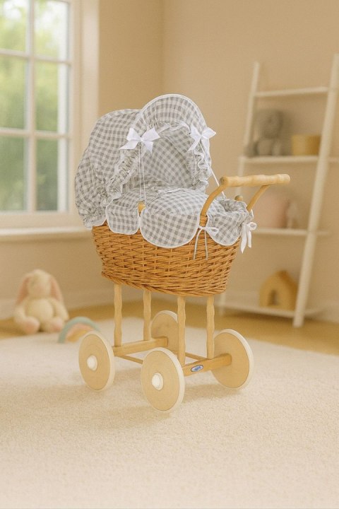 Wiklinowy wózek dla lalek wysoki z szarą pościelką i wyściółką NATALIA naturalny
