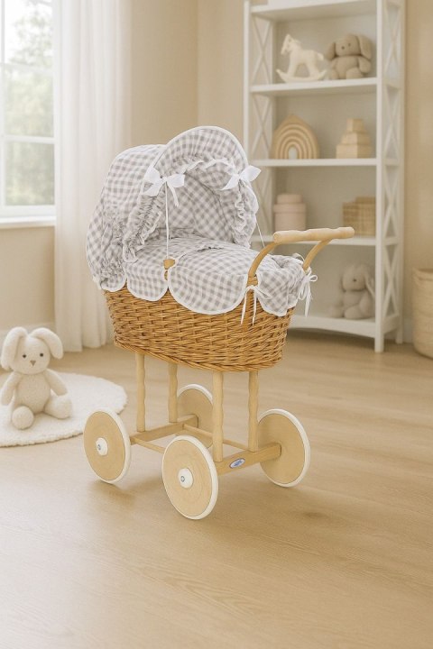 Wiklinowy wózek dla lalek wysoki z szarą pościelką i wyściółką NATALIA naturalny