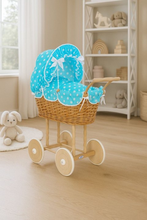 Wiklinowy wózek dla lalek wysoki z turkusową pościelką i wyściółką NATALIA naturalny