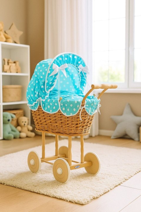 Wiklinowy wózek dla lalek wysoki z turkusową pościelką i wyściółką NATALIA naturalny