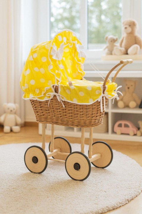 Wiklinowy wózek dla lalek wysoki z żółtą pościelką i wyściółką NATALIA naturalny