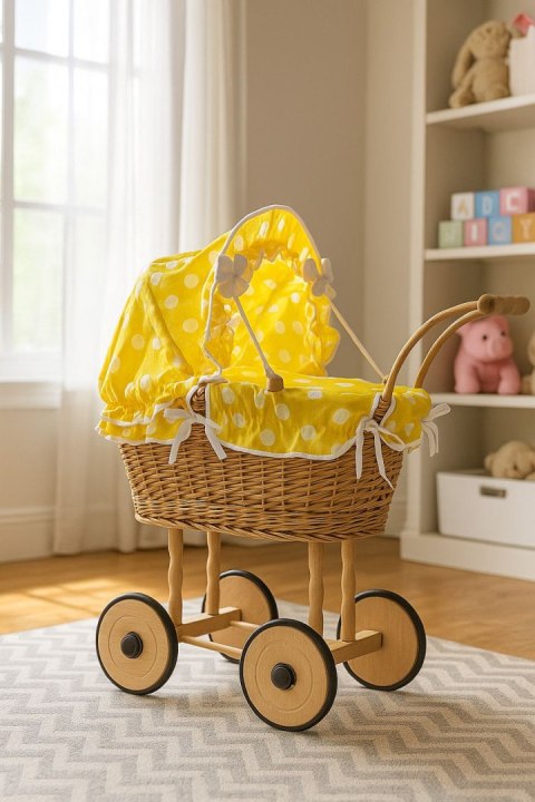 Wiklinowy wózek dla lalek wysoki z żółtą pościelką i wyściółką NATALIA naturalny
