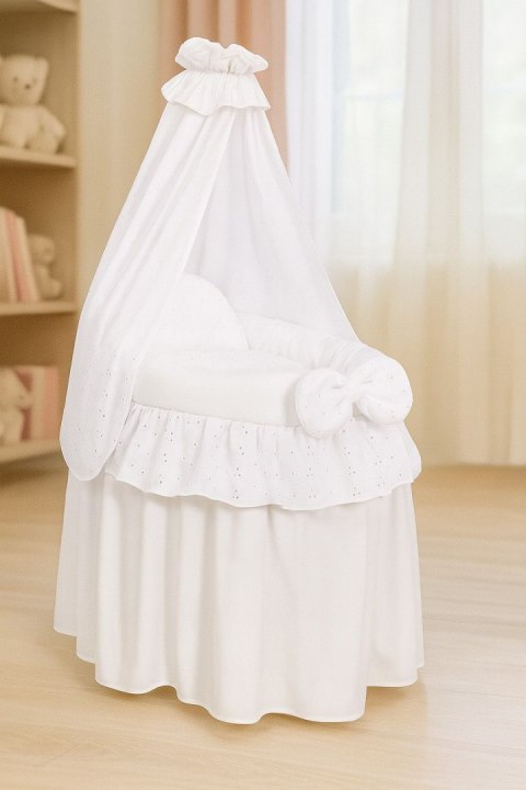 Wózek dla lalek Kosz Mojżesza dla lalek z baldachimem AURORA biały z haftowaną koronką