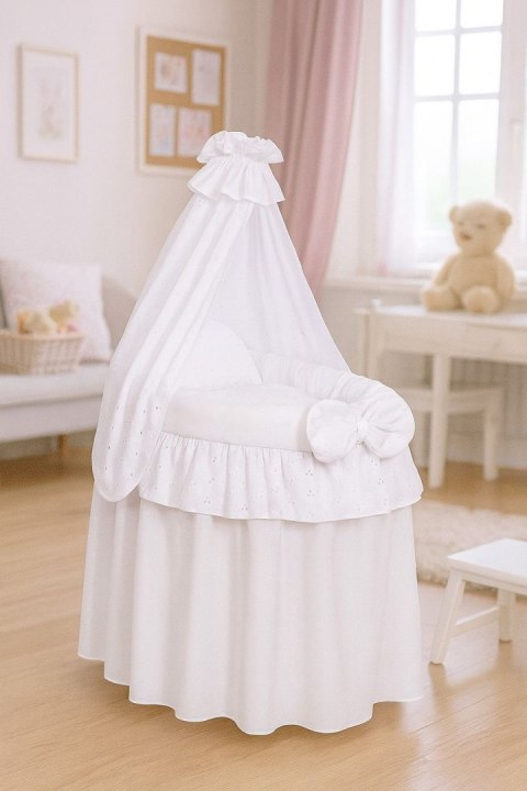 Wózek dla lalek Kosz Mojżesza dla lalek z baldachimem AURORA biały z haftowaną koronką