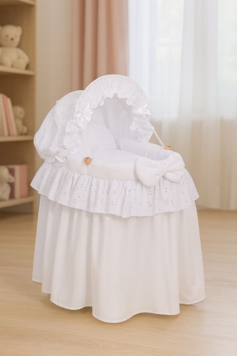 Wózek dla lalek Kosz Mojżesza dla lalek z budką AURORA biały z haftowaną koronką