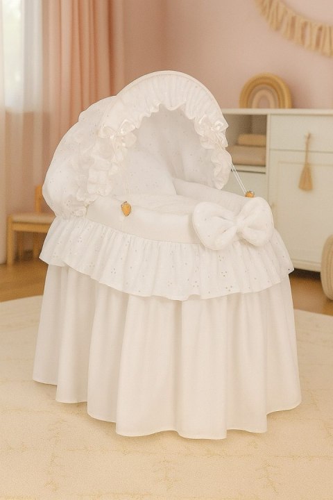 Wózek dla lalek Kosz Mojżesza dla lalek z budką AURORA biały z haftowaną koronką