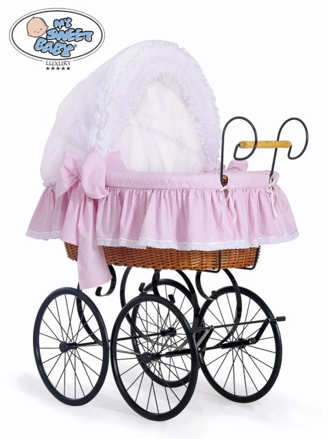 Kosz Mojżesza Retro Christine - Naturalny + biało-różowa pościel z haftowaną koronką Kosz Mojżesza Retro Christine - Naturalny + biało-różowa pościel z haftowaną koronką