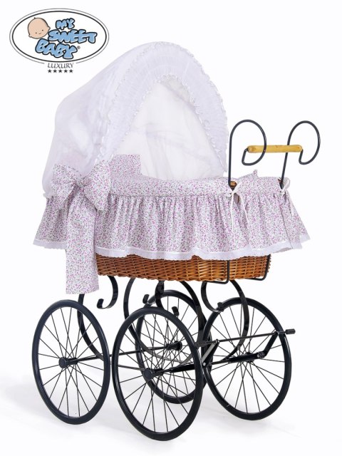 Kosz Mojżesza Retro Jasmine - Naturalny + różowo-biała pościel z białą haftowaną koronką Kosz Mojżesza Retro Jasmine - Naturalny + różowo-biała pościel z białą haftowaną koronką