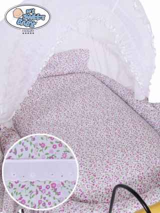 Kosz Mojżesza Retro Jasmine - Naturalny + różowo-biała pościel z białą haftowaną koronką