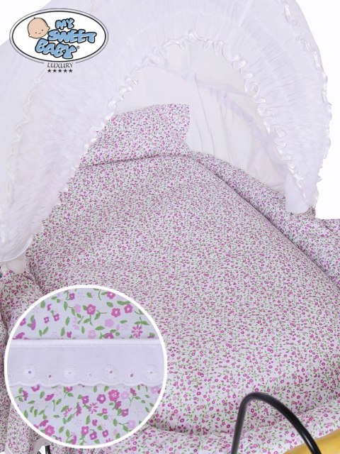 Kosz Mojżesza Retro Jasmine - Naturalny + różowo-biała pościel z białą haftowaną koronką Kosz Mojżesza Retro Jasmine - Naturalny + różowo-biała pościel z białą haftowaną koronką