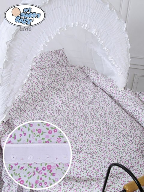 Kosz Mojżesza Retro Jasmine - Naturalny + różowo-biała pościel z białą haftowaną koronką Kosz Mojżesza Retro Jasmine - Naturalny + różowo-biała pościel z białą haftowaną koronką