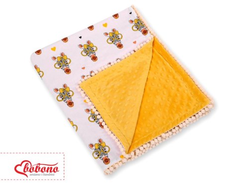 Dwustronny kocyk minky z pomponami - żółte zebry Dwustronny kocyk minky z pomponami - żółte zebry