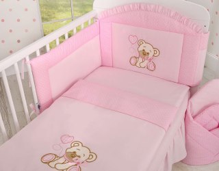Komplet pościeli dla dzieci 135x100cm z ochraniaczem 3-cz Miś z kokardką różowy